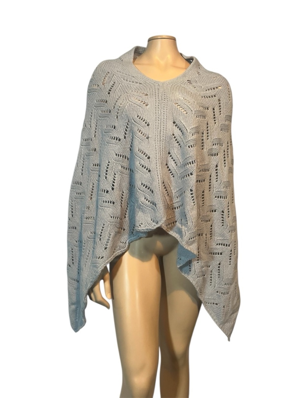 Light Blue Open-Knit Cashmere Poncho Sweater - Women
